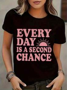 Mother's Day Set, Casual Cotton Printed Short Sleeve T-Shirt For Everyday Wear, Simple Circle Graphic Design, Every Day Is A Second Chance With Western Style Graphic Tees, Men's Clothing, Graphic Tees, Women's Clothing, Tops, Graphic Tees, Women's T-Shirts - 黑色 - 查看 8