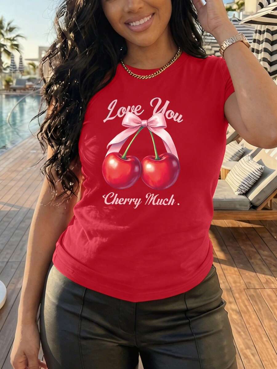 White T-Shirt With Cherries "Love You Cherry Much" Casual Short-Sleeved T-Shirt Cherry Print T-Shirt Cherry Graphic Design With Romantic Phrase Youthful / Sweet / Feminine Style - YH303-紅色 - 查看 1