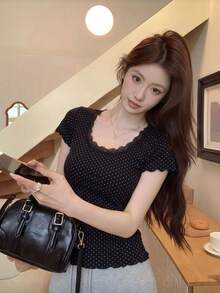 Áo thun phối ren chấm bi đen, thích hợp cho kỳ nghỉ. - màu đen - Xem 3