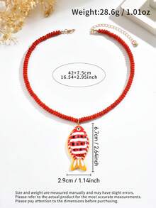 1pc Bohemian Style Handmade Beaded Red Necklace With Handpainted Fish Pendant, Exaggerated Personalized Creative Handmade Colorful Beaded Fish Necklace, Suitable For Women's Daily, Vacation, Party Wear - Red - View 4