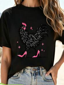 Camiseta de mujer con estampado gráfico de gallo de dibujos animados y estrellas, cuello redondo y manga corta, top casual de verano para uso diario y fiestas, ropa de mujer lavable a máquina - Negro - Ver 6