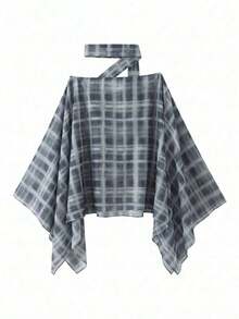 Poncho de mujer con cuello redondo y mangas de murciélago a cuadros, elegante ropa de primavera para damas - Azul marino - Ver 7