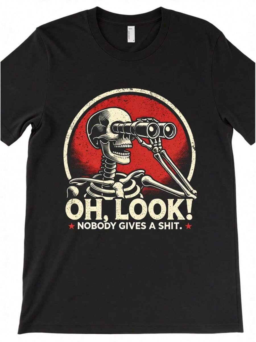 Camiseta deportiva casual para mujer con diseño vintage de esqueleto en estilo cartoon y texto audaz - Camiseta negra elástica de cuello redondo, lavable aáquina, de ajuste cómodo para todas las estaciones. Prenda de ocio con un toque divertido y tejido opaco. - Negro - Ver 1