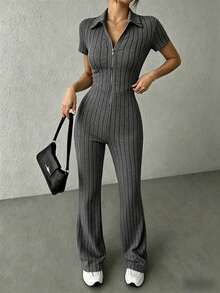 KKONE Two-Piece Set: Plain Color Crop Top And Bell Leg Pants - Dark Grey - View 2