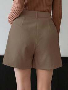 Pantalones cortos de mujer de cintura alta, plisados, con bolsillos, de unicolor y de pierna recta, elegantes y vintage, para el verano - Marrón 2 - Ver 2