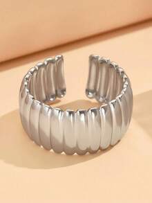 1pc Minimalist Ribbed Stripe Metal Feeling Open Ring, Adjustable Size Stainless Steel Gold Plated Wave Pattern Versatile Fashion Accessory Suitable For Daily Wear And Gift - Multicolor - View 12