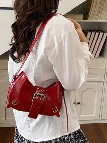 1pc White PU Leather Y2K Gothic Style Rivet Decor Shoulder Bag, Retro Fashion, Suitable For Daily Commute, Crescent-Shaped Tready Ladies Handbag - Red - View 2