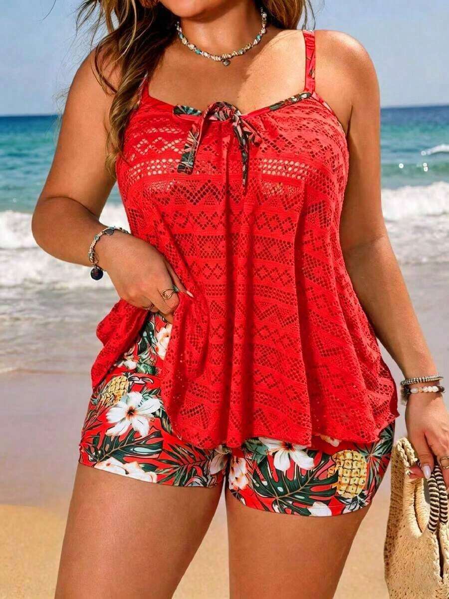 Swim Lushoire Nuevo conjunto de traje de baño de 2 piezas de talla grande para mujer con top de tirantes finos y estampado floral y shorts ajustados, casual para vacaciones - Rojo - Ver 1