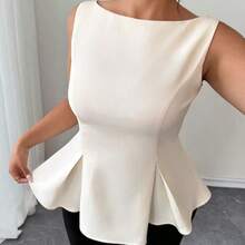 Plus Size Women's Cream Almond Off-Shoulder Split-Front A-Line Dress With Ruffle Hem, Elegant French Romantic Vintage Commute Business Beach Casual Minimalist Versatile, New Spring/Summer Wedding Party Afternoon Tea Women Elegant Outfits Tops For Women Elegant Classy Peplum Tops Women Latest Tops For Women New Arrivals Peplum Top Curve - Albaricoque - Ver 5