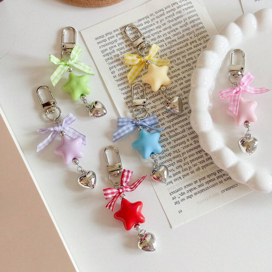 1pc Women's INS Style Macaron, Star, Heart Keychain, Sweet Plaid Bow Pendant, Versatile Girly Backpack Keychain - Multicolor - View 1
