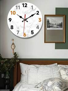 1pc Modern Silent Wall Clock, Japanese Quartz Movement, Round Wood Frame With Marble Texture, Analog Display, Ideal For Living Room, Bedroom, Office - Battery Operated (1 AA Not Included) - Multicolor - View 3