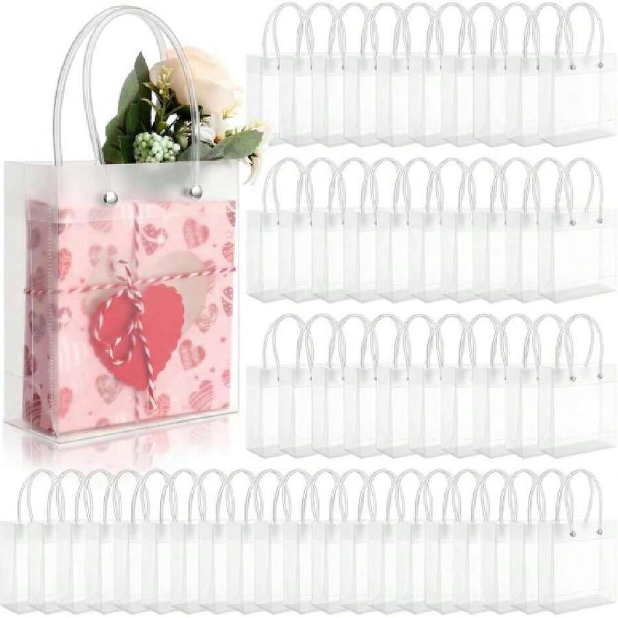Clear Frosted Gift Bags With Handles, 5.9 X 5.1 X 2.36 Inches Small Transparent Party Favor Bag Plastic Goodie Bags For Mother's Day Wedding Baby Shower Birthday Graduation DIY(50,White),45481014 - White - View 1