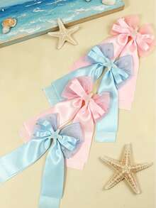 2pcs Solid Color Mesh Bowknot Hair Clips, Matching Starfish Hair Pins, Versatile Casual Style Hair Accessories, Suitable For Beach, Party Wear - Multicolor - View 4