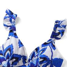 Amore Women's Summer Blue And White Tropical Flower Pineapple Printed Strap Top Long Dress With V-Neck And Ruffle Edge, Cinched Waist For Slimming, Suitable For Beach, Island, Beach, Travel Check-In, Vacation, Light Party, Tropical Style Dressing, Summer Dress,Festival Dresses,Elegant Dresses For Party,Wedding Guest Dress For Women,Beach Dress,Casual Dresses For Women,Vacation Outfits Women - Blue and White - View 9