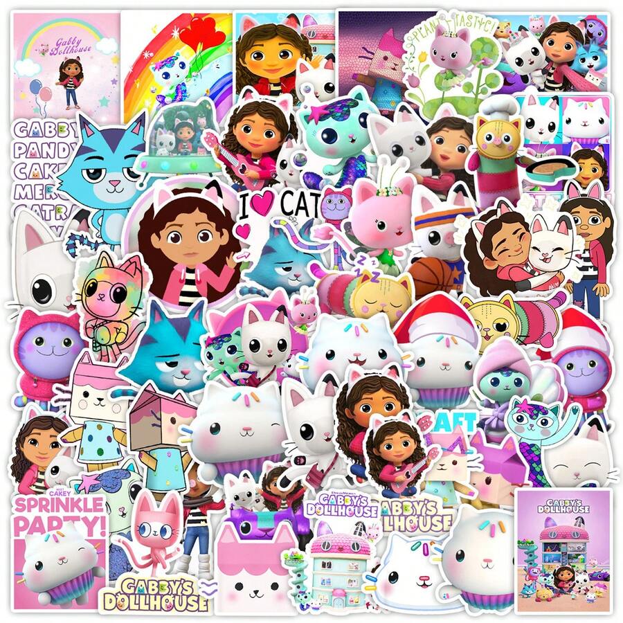 Set de 50 pegatinas decorativas aleatorias de estilo lindo de Gabby Dollhouse, patineta, equipaje, guitarra, vaso de agua, graffiti, como regalo de Año Nuevo, Día de San Valentín, Pascua - Multicolor - Ver 1