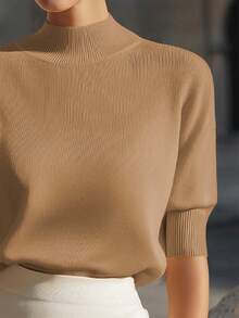 Women's V-Neck Solid Color Dropped Shoulder Short Sleeve Loose Casual Knit Top, Minimalist Elegant French Style, Refined Daily Essential Summer - Khaki - View 4