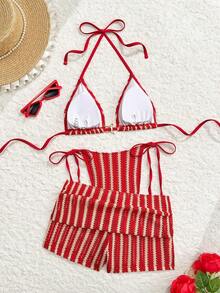 Costavie Nuevo conjunto de traje de baño de 3 piezas para mujer con estampado de lunares, parte superior de triángulo micro con lazos laterales y Bottom fruncida para vacaciones de verano, fiestas y tardes de té. Conjunto de 2 piezas a rayas rojas y blancas para vacaciones. Conjunto de bikini a rayas. Conjunto de 2 piezas a rayas para la playa. - Multicolor 11 - Ver 3