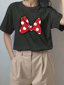 Camiseta de manga corta de algodón 100% con estampado de lazo de lunares rojos para mujeres, camiseta gráfica, verano, Año Nuevo Chino, Año Nuevo Lunar, Año del Caballo, Festival de Primavera, Feliz Año Nuevo, Día de San Valentín, regalo de San Valentín, regalo para ella, tops, día del amor, aniversario, regalos románticos, regalos para ella, regalos para novia, conjuntos a juego, expresa amor, te amo, regalos únicos, stock limitado 100% algodón, todos los patrones están impresos. Unisexo. - Negro - Ver 3