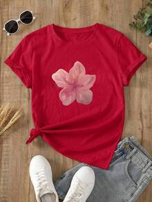 Women's Light Blue Oversized Summer T-Shirt With Pink Floral Print. Loose-Fitting Round Neck T-Shirt With Pink Hibiscus Flower Design, Fresh And Feminine Style. Casual Short-Sleeved Blue T-Shirt With Floral Print, Ideal For Beach And Summer Looks. - YH410-紅色 - 查看 2