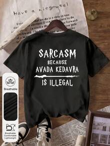 Plus Size Women's Party & Street Magical Quotes And Wand Graphic Round Neck Short Sleeve Casual Retro Black T-Shirt, Summer - Black - View 5