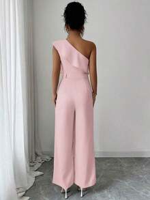 Mono de mujer con diseño casual apropiado para vacaciones de primavera/verano, adecuado para la oficina, el transporte, la playa y la hora del té de la tarde, con tirantes de espagueti, cintura con doble volante y silueta recta y suelta - Rosa - Ver 2