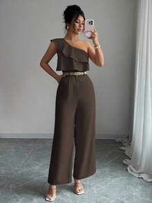 Mono de mujer con diseño casual apropiado para vacaciones de primavera/verano, adecuado para la oficina, el transporte, la playa y la hora del té de la tarde, con tirantes de espagueti, cintura con doble volante y silueta recta y suelta - Marrón - Ver 5