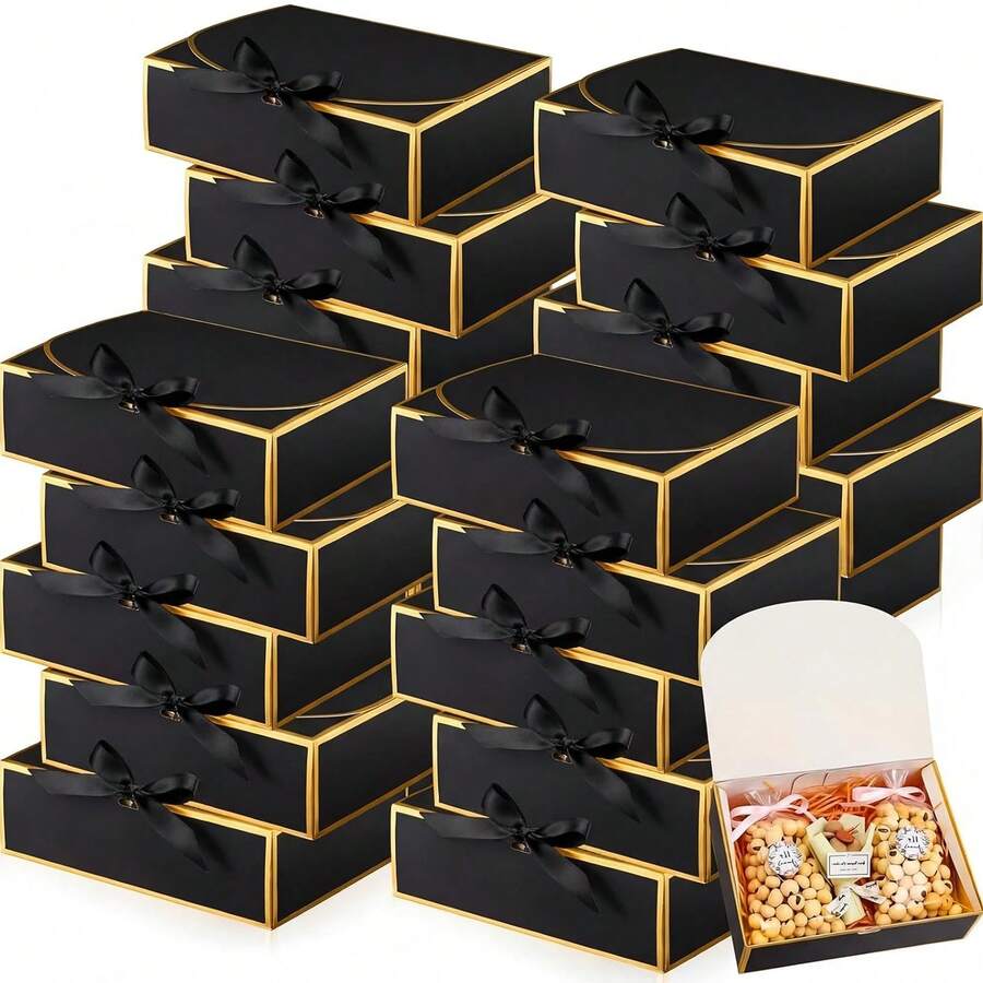 10 Packs Black And Gold Gift Boxes With Lids Bulk 10.6x7.8x3.1inch Black Gift Boxes With Ribbons Bridesmaid Proposal Box For Graduation, Presents, Birthday, Baby Shower, Anniversary - Black With Gold Trim - View 1