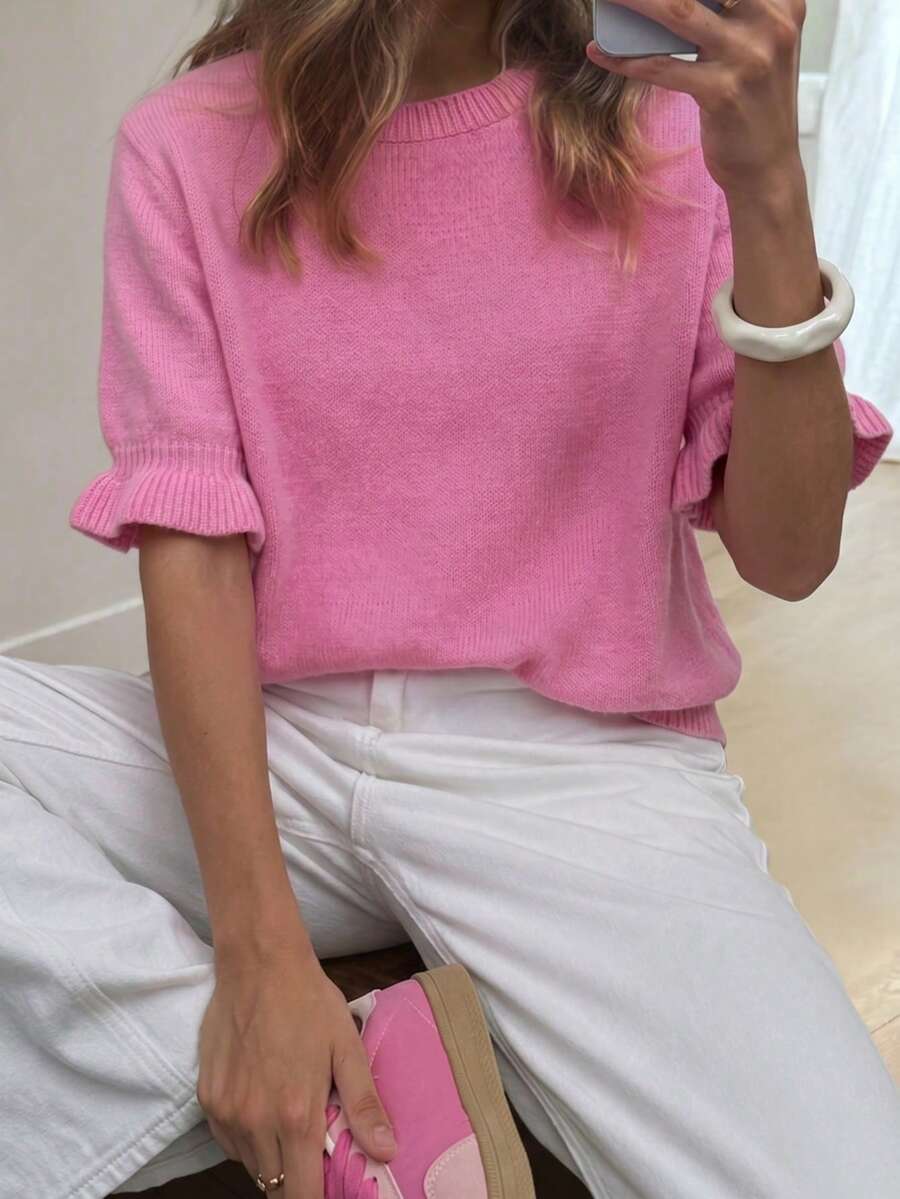 UNTUK KECANTIKAN Wanita Y2K Pink Atasan Rajut Bergaris Lengan Pendek Berkerut Kerah Bulat Pullover Elegan Kasual Kantor Kerja Pakaian Fashion Polos Sweater Wanita Musim Panas - Berwarna merah muda - View 1