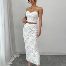 2pcs/Set Women Lace Solid Color Spaghetti Strap Lace Trim Patchwork Open Back Slit Holiday Party Elegant Glamourous Sexy Bohemian Style Vacation Summer Sleeveless Top & Skirt Set - Blanco - Ver 6