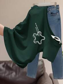 Japanese Style White Asymmetrical Shoulder Star & Letter Print Short Sleeve T-Shirt, Niche Artistic Style Summer Casual - Dark Green - View 3
