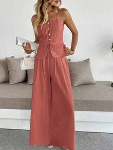 Set de 2 piezas: Top de tirantes ajustado informal con nudo delantero y pantalón de pierna ancha - Rosa coral - Ver 3