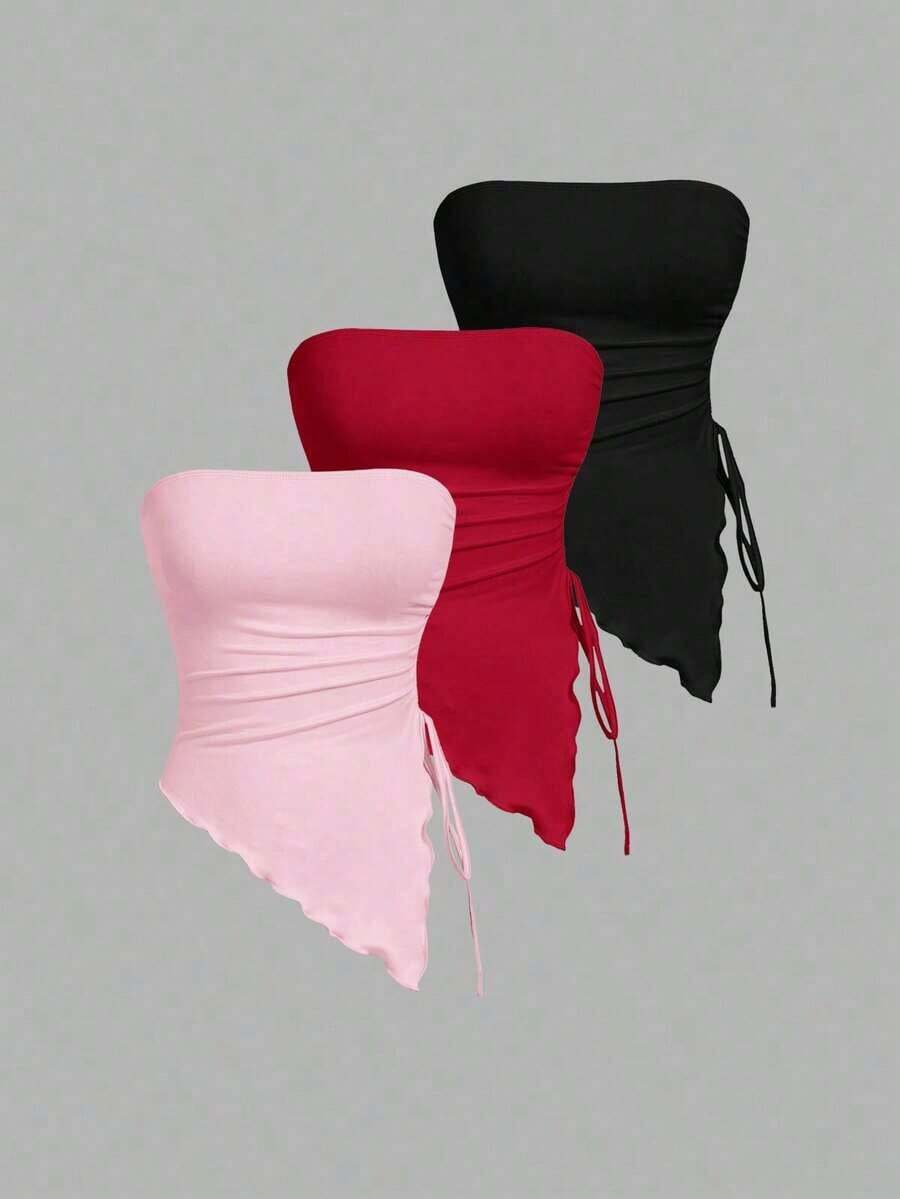 Top bustier de múltiples piezas con cintura anudada a los lados y fruncido, top tubo sólido retro, top de otoño, top para salir, primavera/verano, top de fiesta, playa, casual, vacaciones, disfraz de carnaval - Multicolor 9 - Ver 1