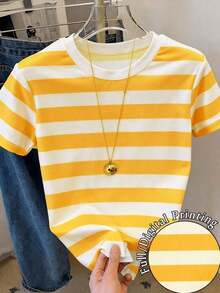 Camiseta de mujer de manga corta con cuello redondo y estampado de rayas casual - Multicolor - Ver 1