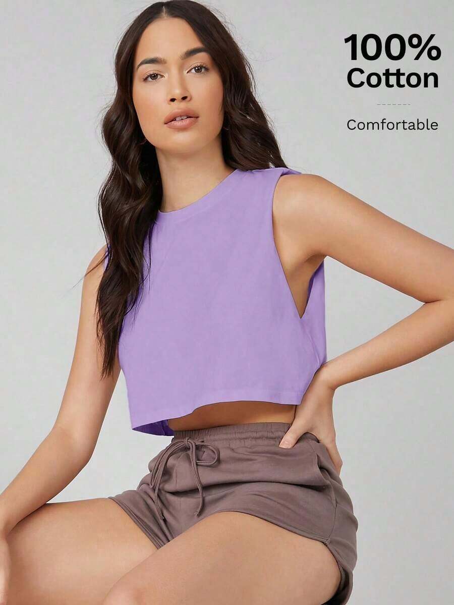 Top corto sin mangas casual para mujer, unicolor simple, adecuado para el uso diario en verano - Morado - Ver 1