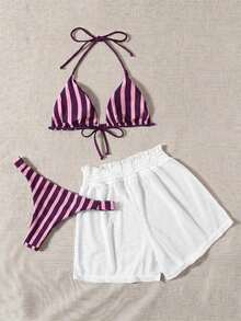 3 piezas de bikini - Bottom a rayas azul y blanco, shorts de cubrir blancos, ropa de playa casual para vacaciones de primavera/verano, fiesta en la playa - Multicolor 2 - Ver 2