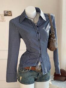 Camisa de manga larga de ajuste ceñido con cintura anudada a rayas rosa, blusa a rayas amarilla para mujer, nueva colección de otoño - Azul 2 - Ver 2