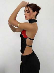 Top de satén sin espalda con cuello alto para mujer, ideal para fiestas - Multicolor - Ver 4