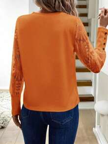 Blusa de mujer con mangas de encaje floral, parches y tejido de gofre, color blanco - Naranja Quemada - Ver 2