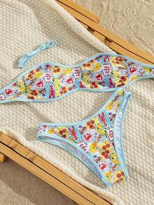 Set de 2 piezas Bikini bandeau con estampado floral rosa para mujer, con tirantes desmontables adecuado para vacaciones en la isla y sesiones de fotos en la playa en verano - Multicolor 12 - Ver 4