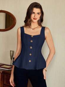 Blusa de mujer vintage, elegante y clásica, con cierre de botones metálicos con forma de flor, blusa sin mangas blanca, para primavera/verano - Azul marino - Ver 7