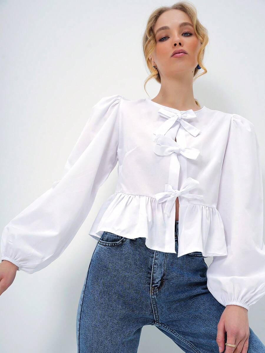 Elegant Casual Women Long Sleeve Stand Collar Button Down Shirt Blouse - White - View 1