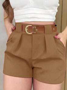 Short de mujer de unicolor versátil y casual - Marrón - Ver 1
