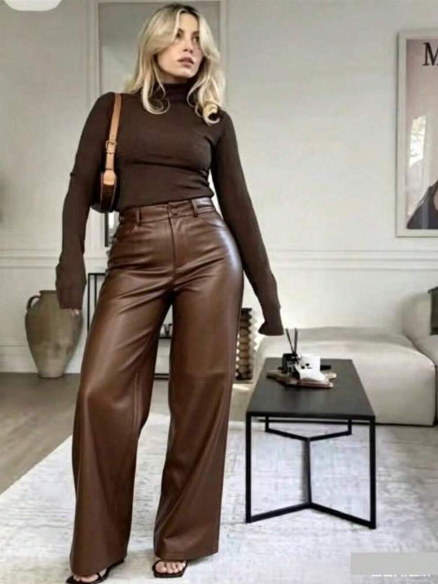 Women's Wide Leg Pants In Synthetic Leather, Comfortable, With Pockets, Lightweight, Fashionable And , Brazil - Rỉ Nâu - Xem 1
