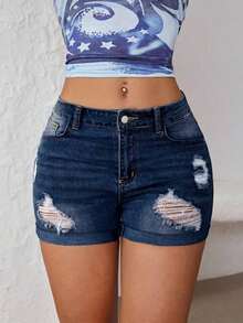 Shorts en mezclilla desgarro bajo de doblez - Azul lavado oscuro 3 - Ver 8