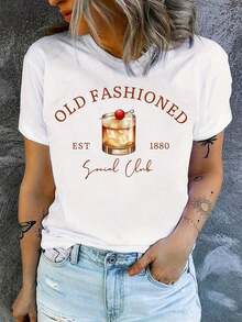 1 pieza de camiseta vintage con estampado de cócteles para mujer - Diseño retro de los años 1880 con motivos de whisky y bebidas, camiseta casual de manga corta y cuello redondo con temática de bourbon/whisky, lavable a máquina, blusa blanca para todas las estaciones, camisa básica de algodón de corte holgado, estilo festivo adecuado para uso diario casual y conjuntos de estilo urbano, 180g 100% algodón suave. - Blanco - Ver 7
