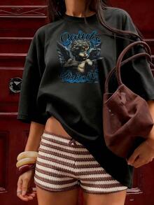 Camiseta de Manga Corta con Estilo Gótico y Vintage,Camiseta de manga corta de moda para primavera y verano de 2026, hecha en México, 180 gramos. Estampado de dibujos animados, modelo de pareja, apta para uso interior o exterior. Cuello redondo, unisex, ideal para oficina y ocio. Paquete de una pieza. - BK-P631577SLNDXZGY439 - Ver 3