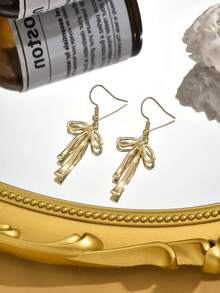 1 par de pendientes colgantes con lazo, elegantes y versátiles de moda de lujo, adecuados para uso diario de mujeres - Dorado - Ver 4
