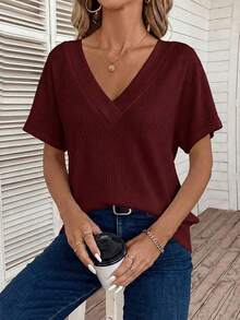 Camiseta de manga corta de uso diario versátil y casual con cuello en V para mujer - Burdeos - Ver 4