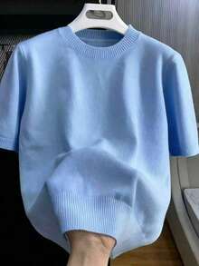 Men's Casual Versatile Solid Color Short Sleeve Knit Top, Suitable For Daily Wear And Commuting - Dusty Blue - View 3