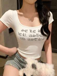 女款U領短袖T恤，夏季新款字母印花，美式辣妹風，時尚休閒百搭修身短版上衣，白色 - 白色 - 查看 6